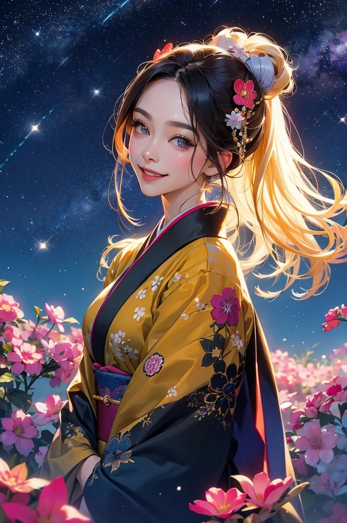 A beautiful woman wearing a gorgeously patterned kimono greets people with a smile under the starry sky