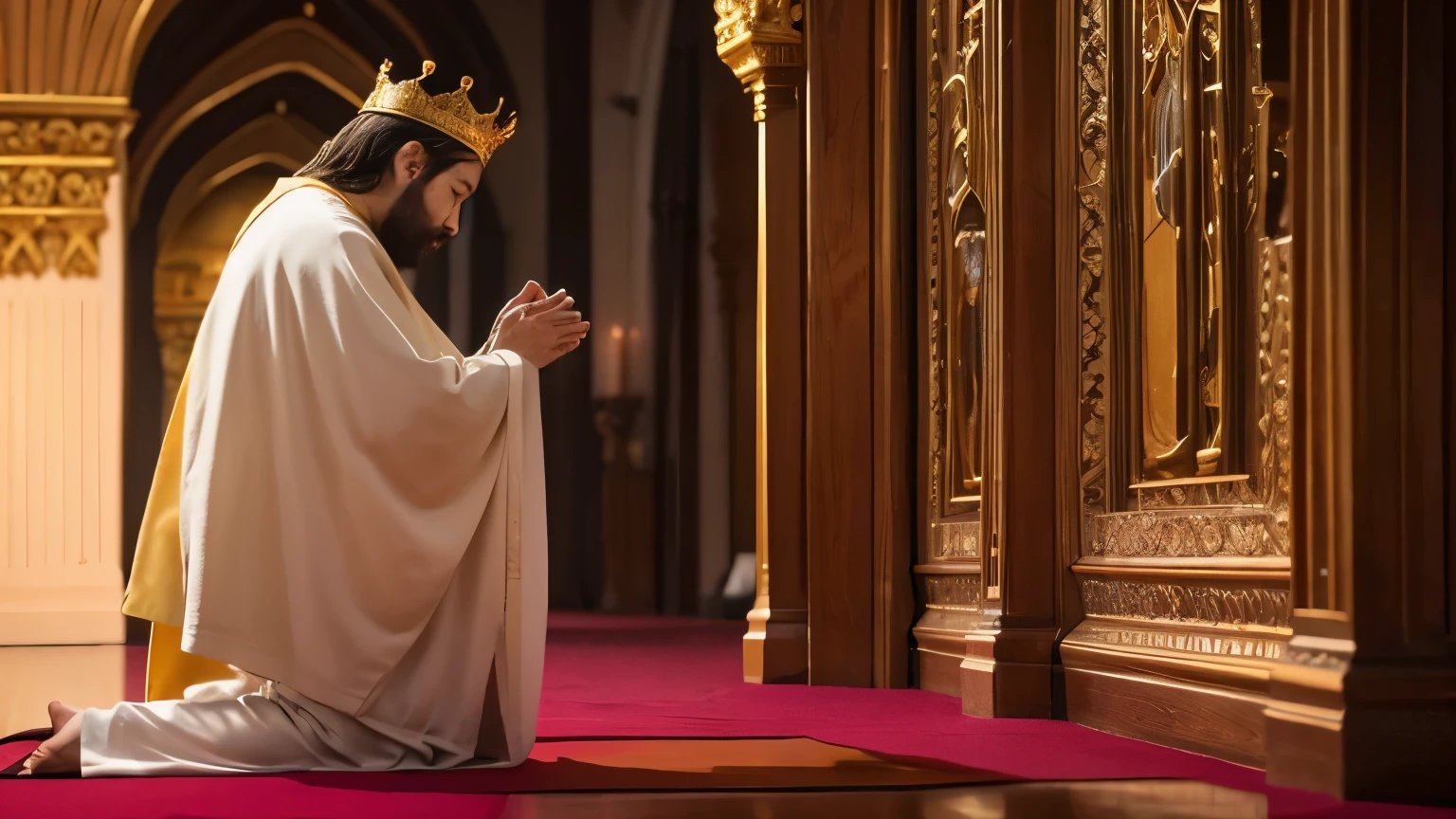 create the image of a king, kneeling praying, with his crown, praying to Jesus Christ