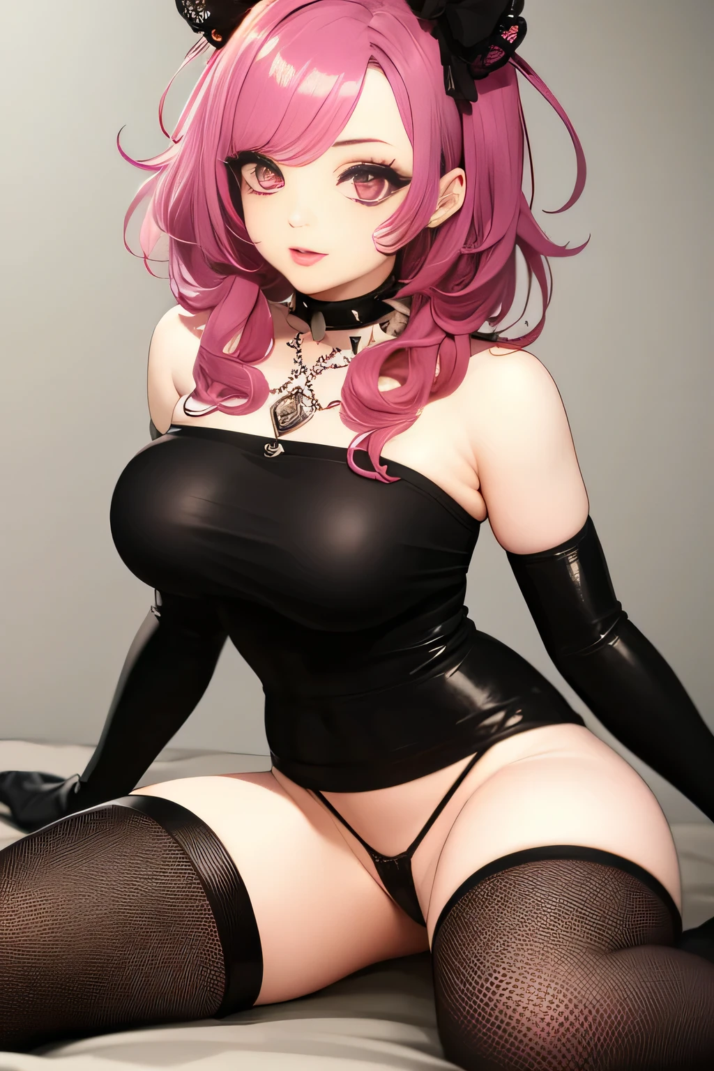 (Best Quality)), ((masterpiece)), (detailed), 1 girl, off shoulder sweater,((gothic girl)), Long messy hair, dark pink locks,pink eyes, purple lipstick and black eyeshadow,tight latex clothing, holey top ,spiked necklace,mini skirt,((no underwear)),fishnet stockings , punk boots,big breasts.Black room background with pink stuffed animals , sitting in bed.