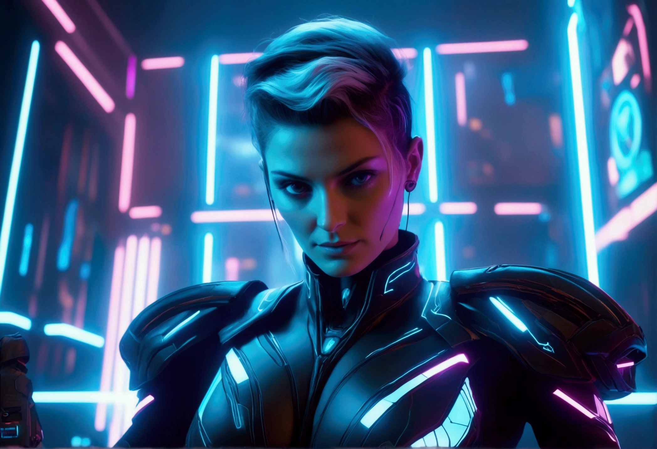 cyberpunk female lawyer, tron style, health bar over head, virtual courthouse, virtual jury, highly detailed, 8k, photorealistic, cinematic lighting, dramatic composition, neon colors, intricate futuristic architecture, holographic displays, advanced technology, dynamic poses, expressive facial features, vibrant colors, chiaroscuro lighting, depth of field, volumetric fog, procedural textures, hyper-realistic shaders, cinematic camera angles