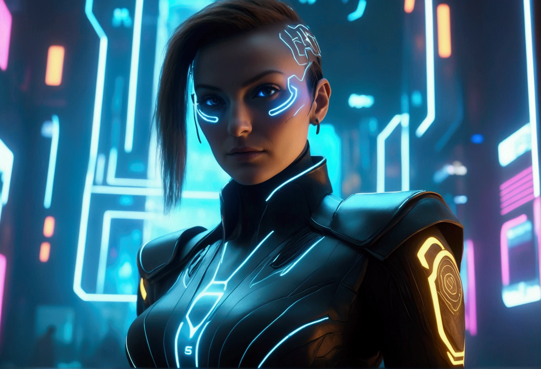 cyberpunk female lawyer, tron style, health bar over head, virtual courthouse, virtual jury, highly detailed, 8k, photorealistic, cinematic lighting, dramatic composition, neon colors, intricate futuristic architecture, holographic displays, advanced technology, dynamic poses, expressive facial features, vibrant colors, chiaroscuro lighting, depth of field, volumetric fog, procedural textures, hyper-realistic shaders, cinematic camera angles