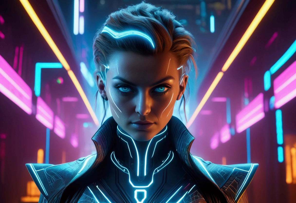 cyberpunk female lawyer, tron style, health bar over head, virtual courthouse, virtual jury, highly detailed, 8k, photorealistic, cinematic lighting, dramatic composition, neon colors, intricate futuristic architecture, holographic displays, advanced technology, dynamic poses, expressive facial features, vibrant colors, chiaroscuro lighting, depth of field, volumetric fog, procedural textures, hyper-realistic shaders, cinematic camera angles