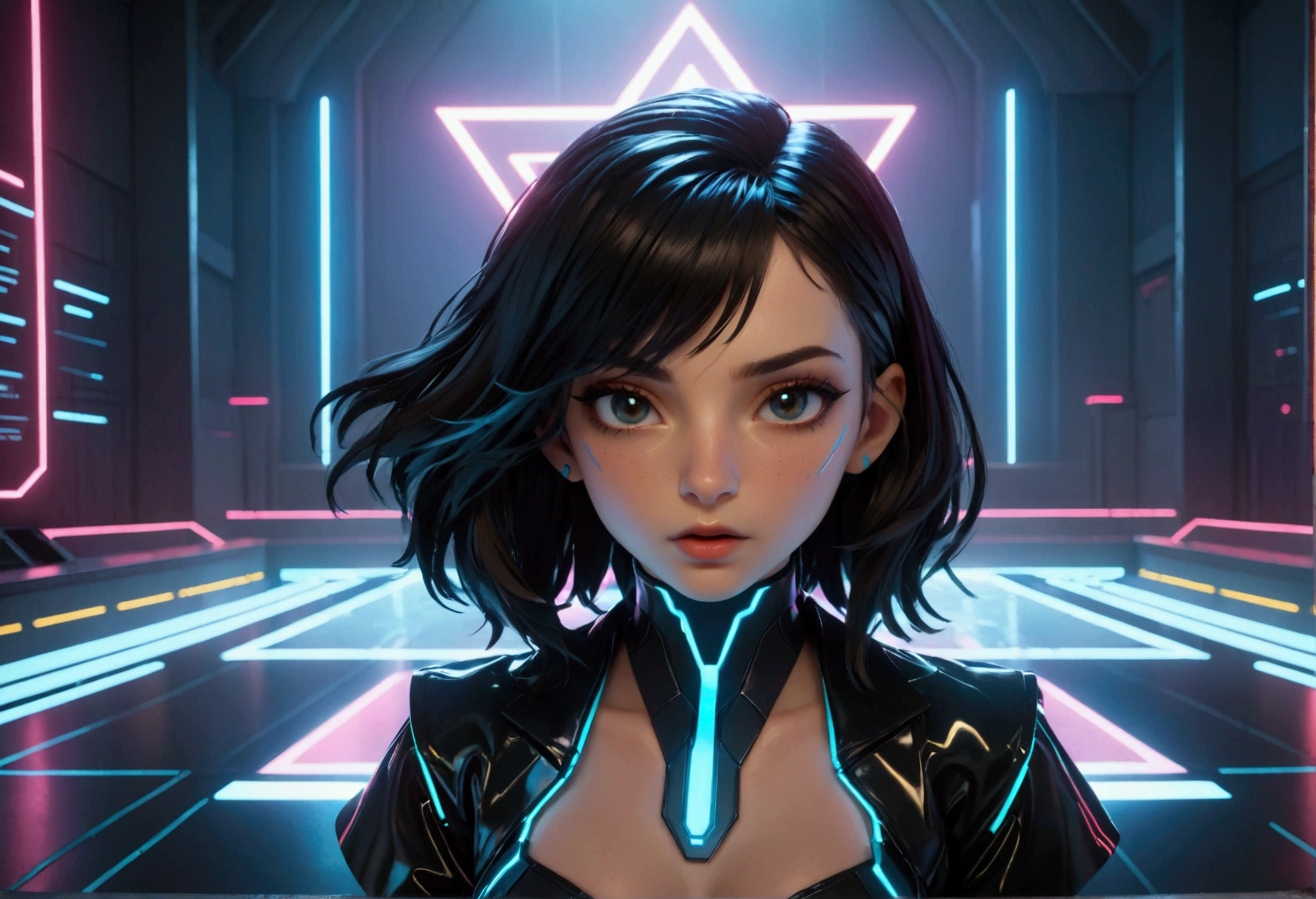 cyberpunk female lawyer, tron style, health bar over head, virtual courthouse, virtual jury, highly detailed, 8k, photorealistic, cinematic lighting, dramatic composition, neon colors, intricate futuristic architecture, holographic displays, advanced technology, dynamic poses, expressive facial features, vibrant colors, chiaroscuro lighting, depth of field, volumetric fog, procedural textures, hyper-realistic shaders, cinematic camera angles