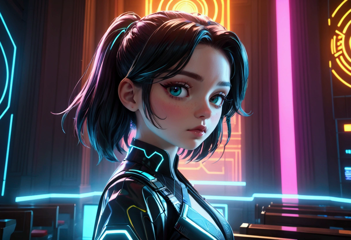 cyberpunk female lawyer, tron style, health bar over head, virtual courthouse, virtual jury, highly detailed, 8k, photorealistic, cinematic lighting, dramatic composition, neon colors, intricate futuristic architecture, holographic displays, advanced technology, dynamic poses, expressive facial features, vibrant colors, chiaroscuro lighting, depth of field, volumetric fog, procedural textures, hyper-realistic shaders, cinematic camera angles