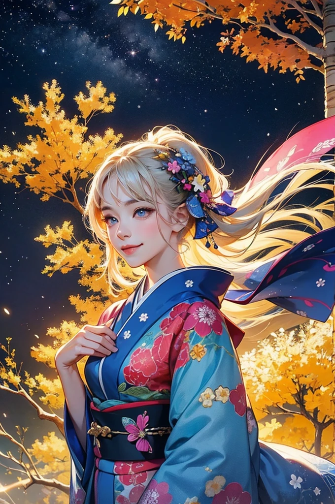 A beautiful woman wearing a gorgeously patterned kimono greets people with a smile under the starry sky