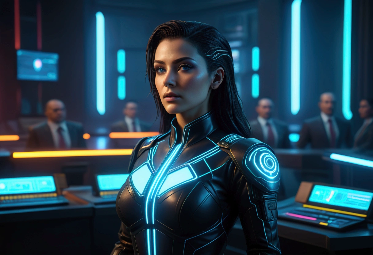 cyberpunk female lawyer, tron style, health bar over head, virtual courthouse, virtual jury, highly detailed, 8k, photorealistic, cinematic lighting, dramatic composition, neon colors, intricate futuristic architecture, holographic displays, advanced technology, dynamic poses, expressive facial features, vibrant colors, chiaroscuro lighting, depth of field, volumetric fog, procedural textures, hyper-realistic shaders, cinematic camera angles