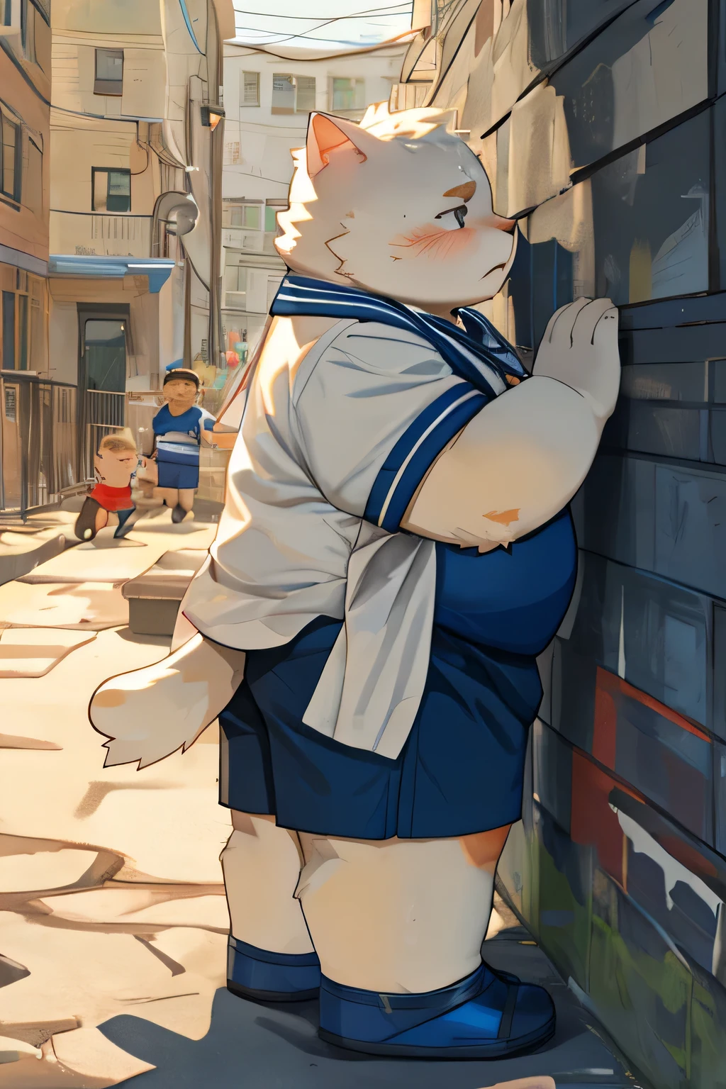 a chubby white cat wearing a sailor uniform and shorts, standing on a school playground, looking anxious, cute, overweight, leaning against a wall, best quality, 8k, highres, masterpiece, sweating, half-body portrait