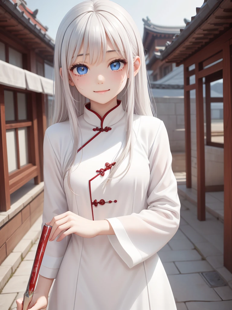 masterpiece, Highest quality, night, Outdoor, rainy days, branch, Chinese style, ancient China, 1 female, Mature Woman, A woman with long silvery white hair, Gray blue eyes, Pale pink lips, cold, Severe, weak, bangs, assassin, Short knife, White clothes, Black clothing pattern, Blood stains, Blood, Injury, Blood on the face, Blood on the clothes, rain, Beautiful Face, Beautiful Face,Sensual smile、