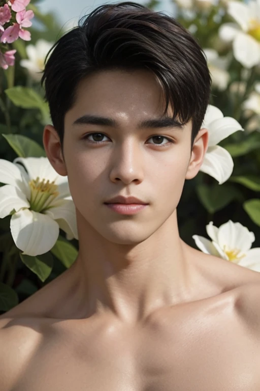 Masterpiece, best quality, realistic、charming man、Portrait of a handsome young man、1 person,Whole body focus, blue eyes、Beautifully detailed eyes、sparkling eyes、flawless face、perfect eyes,perfect lips、Beautiful, flawless skin、Beautiful nose、Beautiful mouth、short haircut, Soft, shaky blonde hair., brown, short hair , flower in hand , in the flower greenhouse, portrait photography、Professional artwork、фотоrealistic、luxurious face、Flawless anatomy、shirtless. naked body,naked,A large penis for his age,Ideal male body、Model poses ! Ultra realistic painting、The beauty of a wonderful man !full body shot
