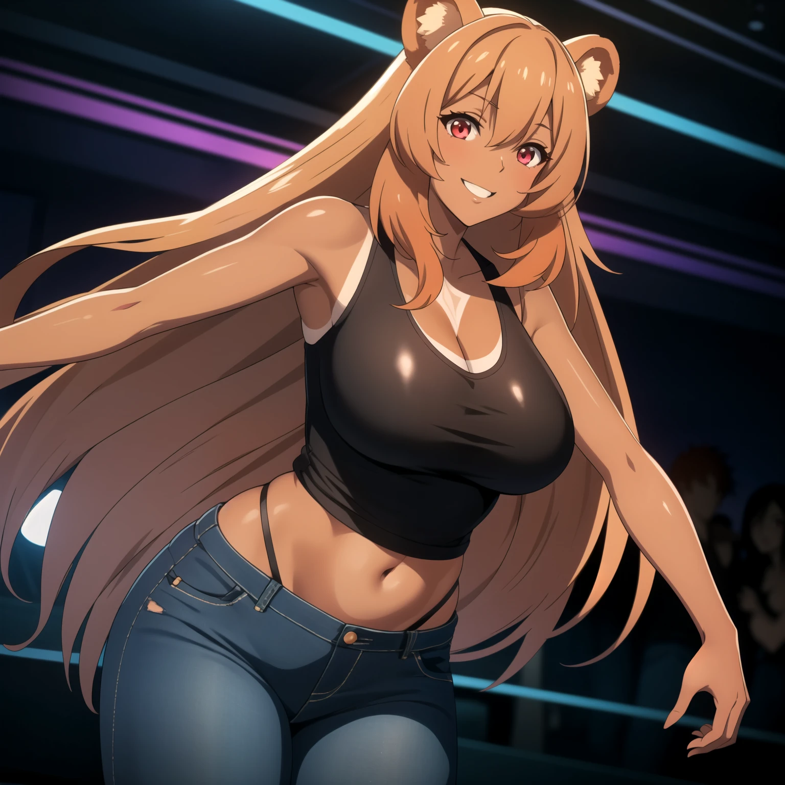 Raphtalia woman 35 years old floating straight orange hair , rounded bear ears, red eyes like ruby, big breasts, Dark skin, tanned skin, low-cut clothing, low cut black top, Tight jeans,  fondo una nightclub. nightclub, smile.