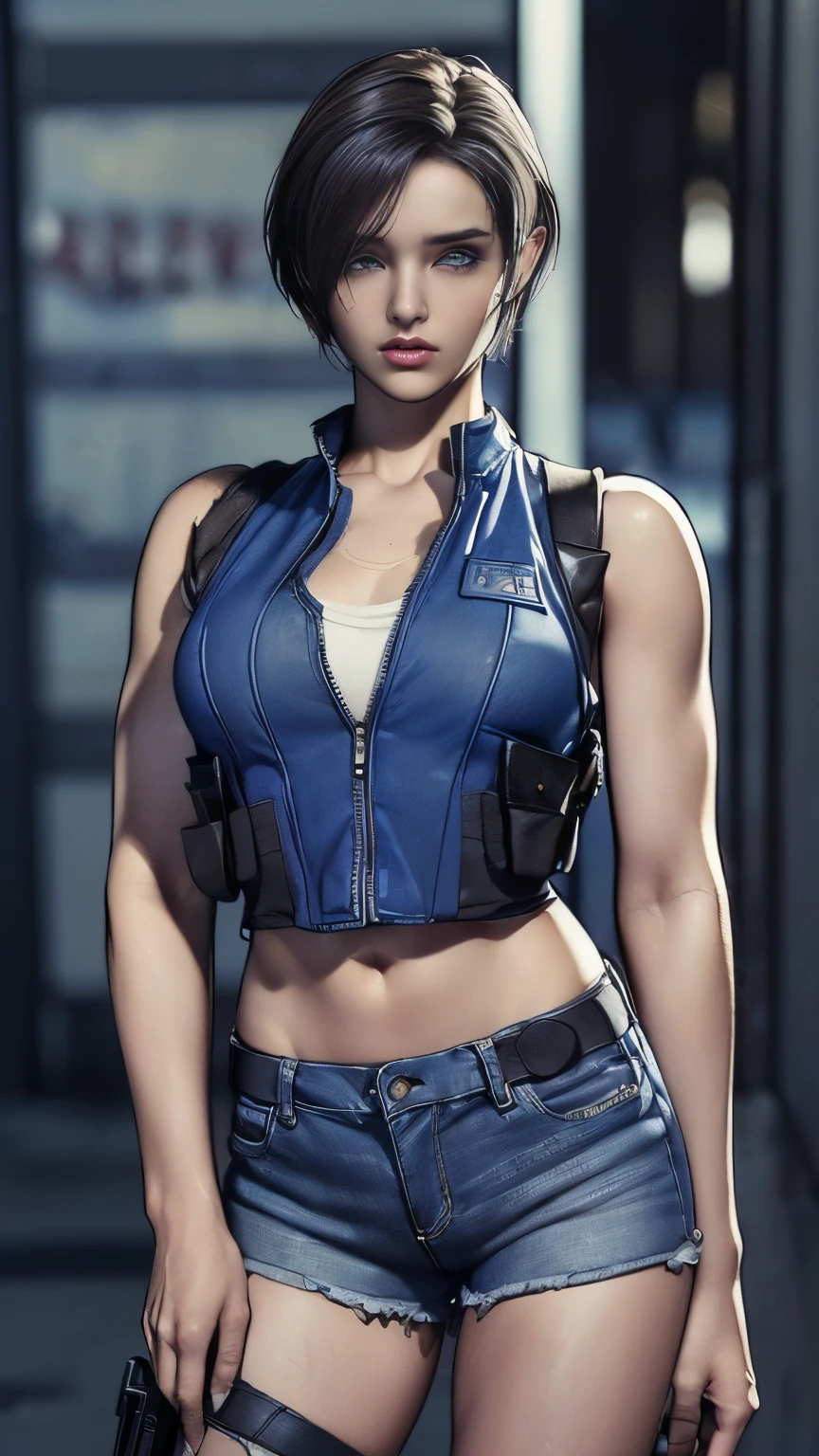 (A woman),(whole body:1.5),(front),(((Jill Valentine standing:1,5))),((Little blue vest:1.5)),((Dirty jeans shorts:1.5)),((Tactical Holster:1.5)),((Dirty white sneakers:1.5)),(Serious:1.5),(short hair:1.5),(Dirty face:1.5),(beautiful eyes:1.3),(Very detailedな顔:1.5),((Very detailed drawing of a female hand:1.5)),((muscular:1.5)),((Sexy appearance:1.5)),(Beautiful Body:1.5),(Very sensual:1.5),(The background is an American night city:1.5),((resident evil style:1.5)),(((Blurred Background:1.5))),(Written border depth:1.5),rest(((masterpiece:1.5),(best quality:1.5),(Very detailed:1.5),(high resolution:1.5),(Practical:1.5),(Reality:1.5),(Delicate depiction),(Carefully drawn))),8k,wallpaper