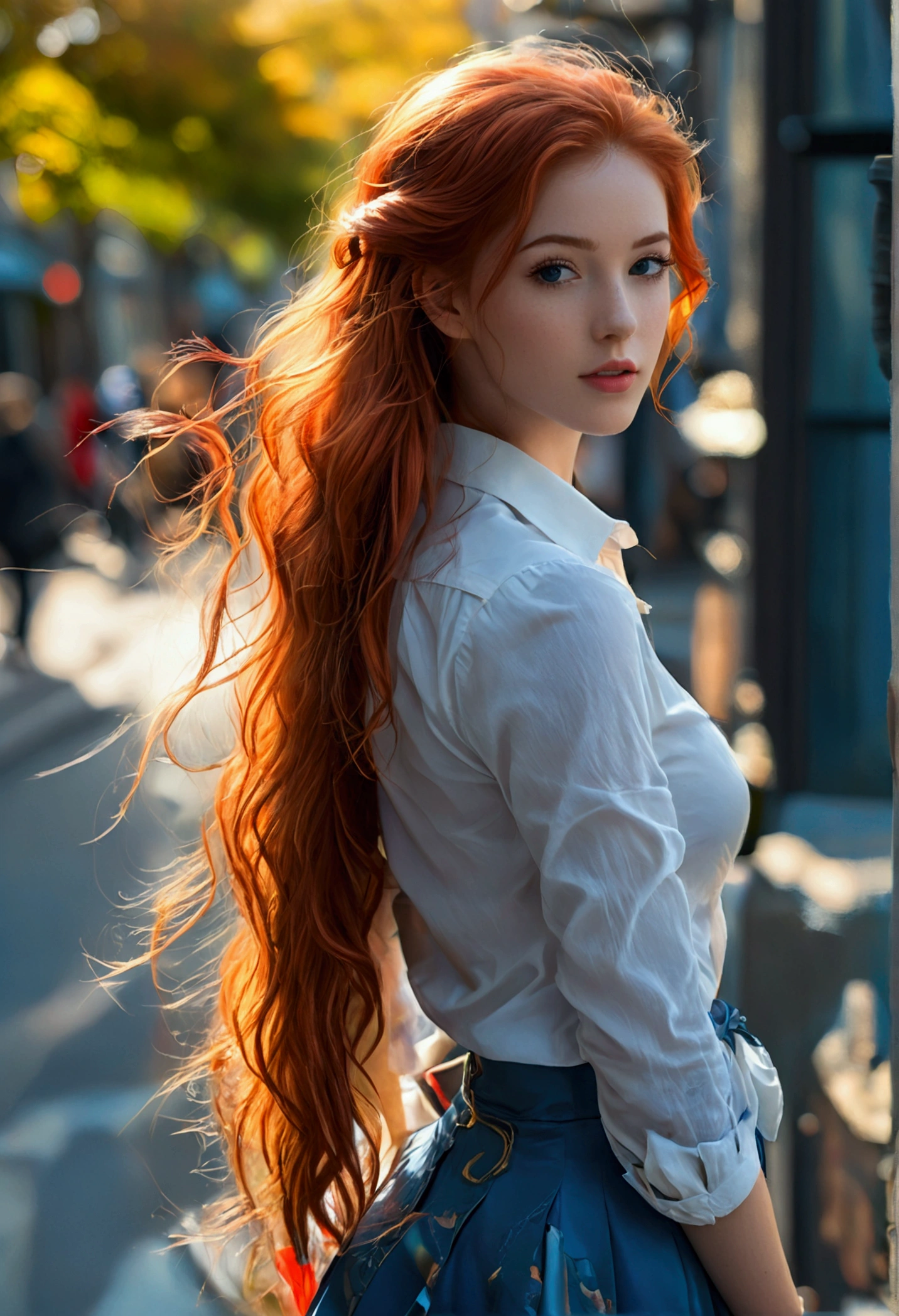 ultra realistic, photography, long red hair, girl, 24 years old, hourglass figure, perfect body, Flirty look, extremely detailed artgerm, in the style artgerm, facing the camera, lens 35 mm, blur background, tour guide, white shirt, blue skirt, brochures in her hand, standing on the sidewalk