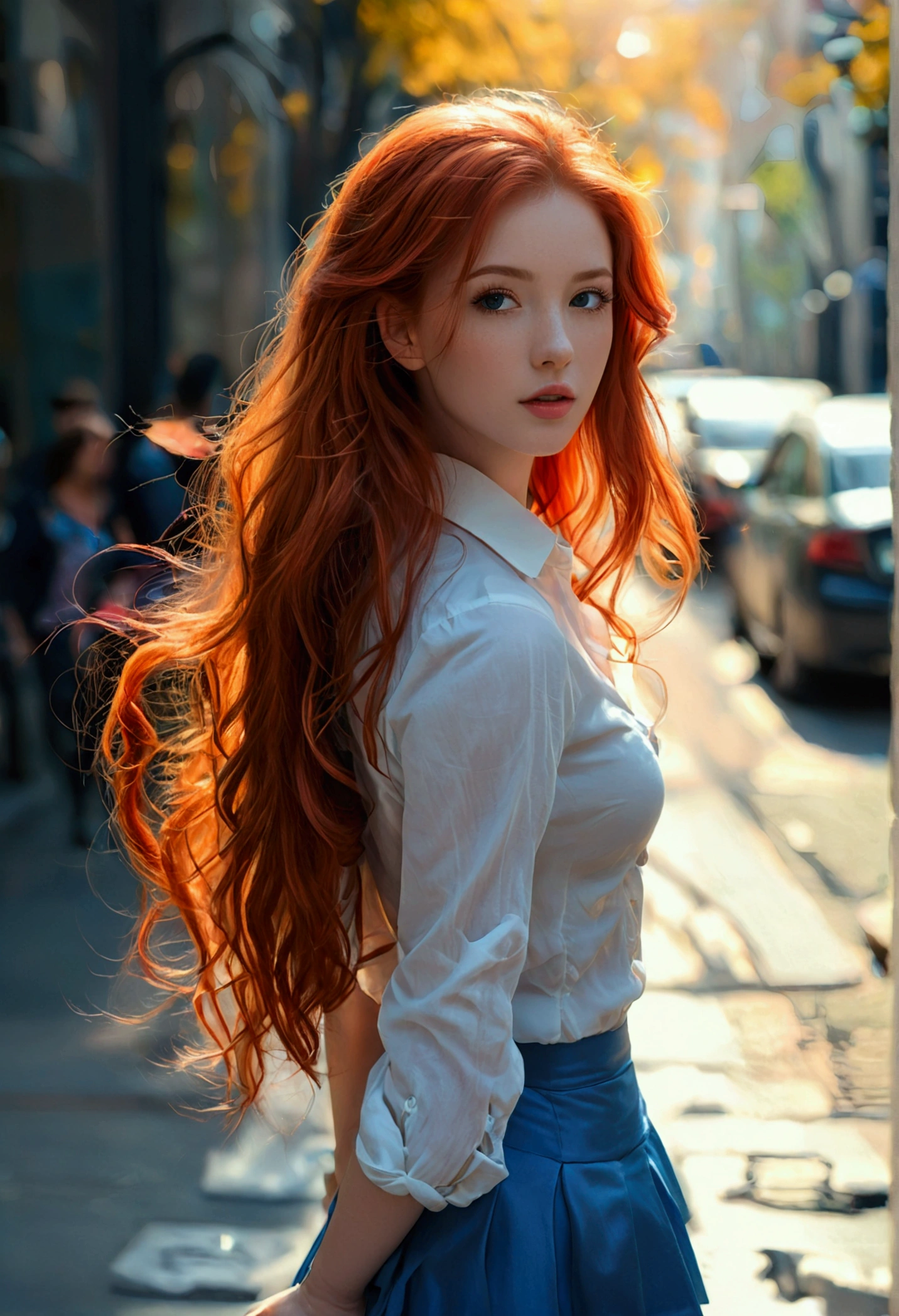 ultra realistic, photography, long red hair, girl, 24 years old, hourglass figure, perfect body, Flirty look, extremely detailed artgerm, in the style artgerm, facing the camera, lens 35 mm, blur background, tour guide, white shirt, blue skirt, brochures in her hand, standing on the sidewalk