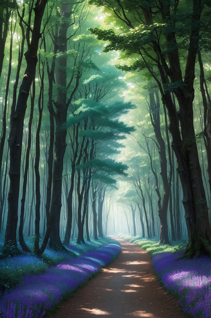 there is a path in the woods with lots of flowers and trees, in serene forest setting, in beautiful woods, in a woodland glade, woodland setting, serene forest setting, lush trees and flowers, forest with flowers blue, in magical woods, lush fairy forest, in a forest glade, peaceful lushious forest, lush pastoral woodland scene