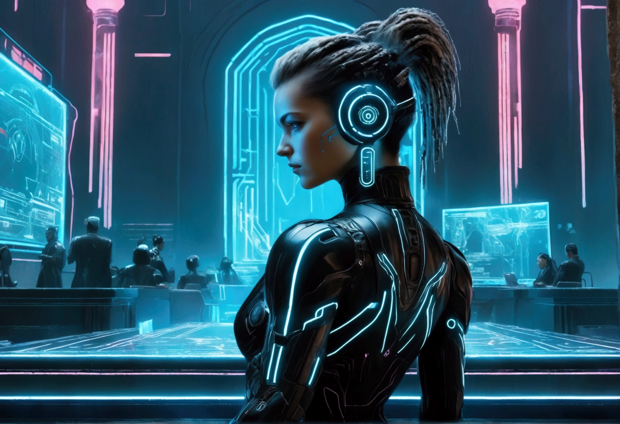 (cyberpunk, courthouse)A virtual lawyer (female, tron style, health bar over head) is addressing a virtual jury

