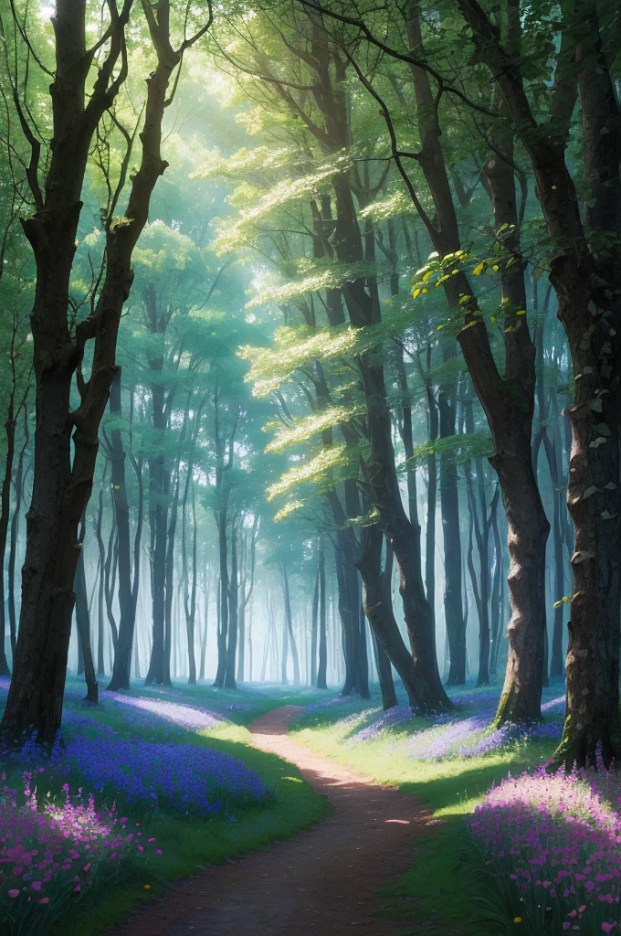 there is a path in the woods with lots of flowers and trees, in serene forest setting, in beautiful woods, in a woodland glade, woodland setting, serene forest setting, lush trees and flowers, forest with flowers blue, in magical woods, lush fairy forest, in a forest glade, peaceful lushious forest, lush pastoral woodland scene