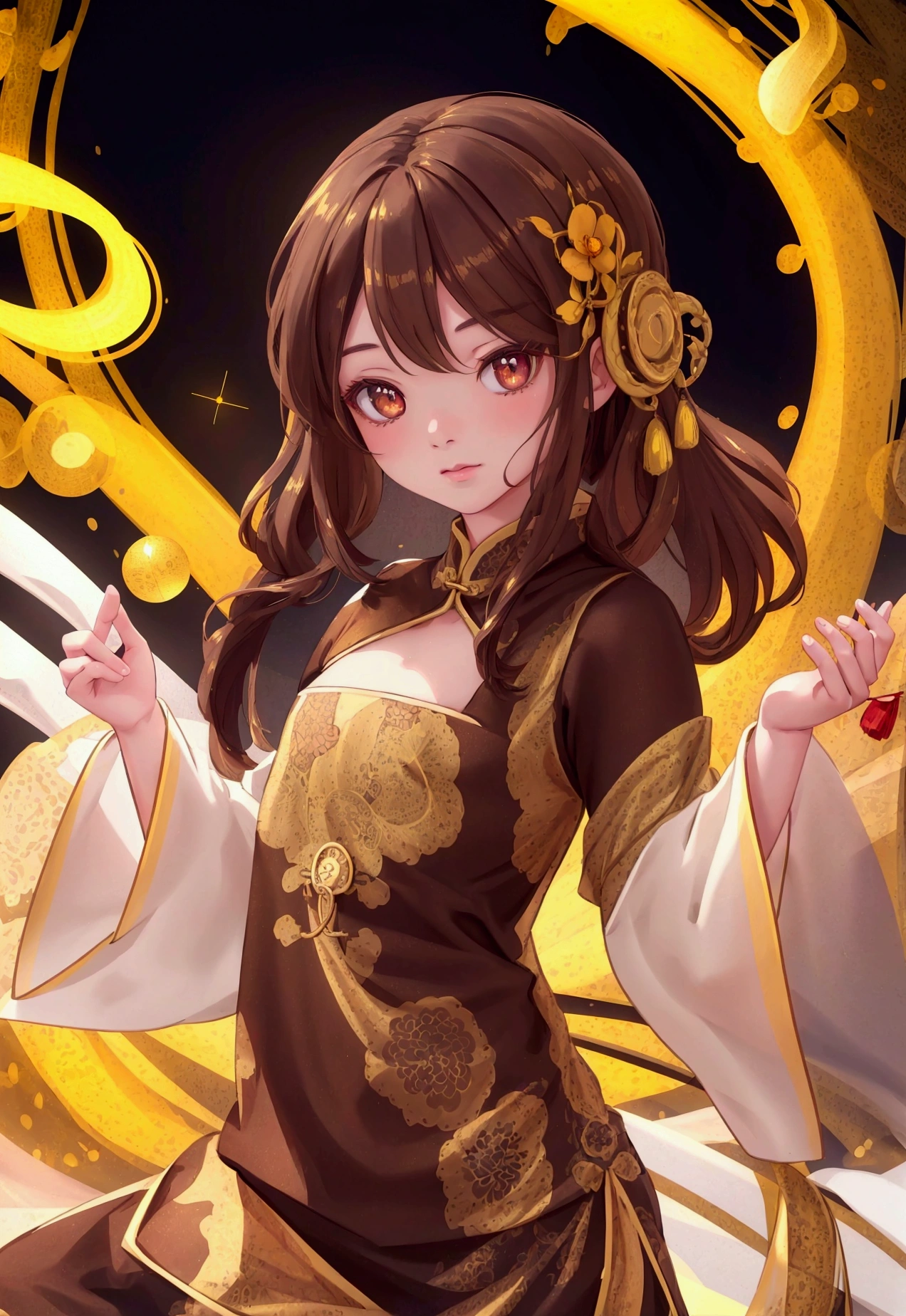 A beautiful young Asian girl in traditional Chinese yellow antiquity dress, twin braided dark brown hair, cute and expressive eyes, flat chest, (best quality,4k,8k,highres,masterpiece:1.2),ultra-detailed,(realistic,photorealistic,photo-realistic:1.37),concept art,cinematic lighting,detailed facial features,dynamic pose,intricate pattern on dress,warm color tones