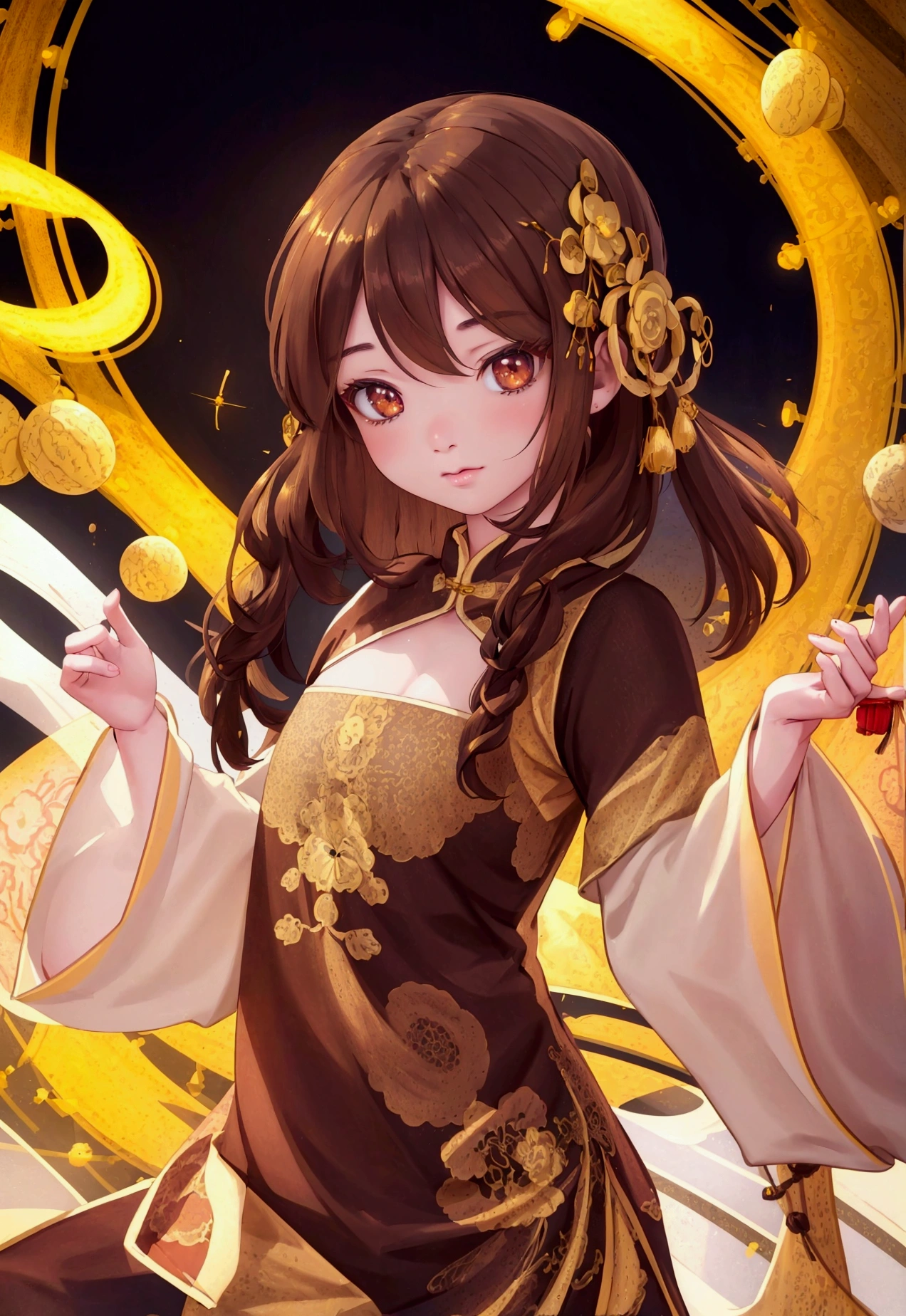 A beautiful young Asian girl in traditional Chinese yellow antiquity dress, twin braided dark brown hair, cute and expressive eyes, flat chest, (best quality,4k,8k,highres,masterpiece:1.2),ultra-detailed,(realistic,photorealistic,photo-realistic:1.37),concept art,cinematic lighting,detailed facial features,dynamic pose,intricate pattern on dress,warm color tones