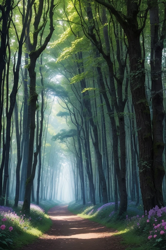 there is a path in the woods with lots of flowers and trees, a photo by James Wood, flickr, fine art, in serene forest setting, in beautiful woods, in a woodland glade, woodland setting, serene forest setting, lush trees and flowers, forest with flowers blue, in magical woods, lush fairy forest, in a forest glade