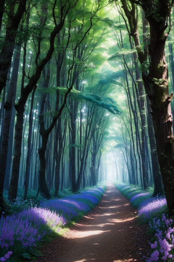 there is a path in the woods with lots of flowers and trees, a photo by James Wood, flickr, fine art, in serene forest setting, in beautiful woods, in a woodland glade, woodland setting, serene forest setting, lush trees and flowers, forest with flowers blue, in magical woods, lush fairy forest, in a forest glade