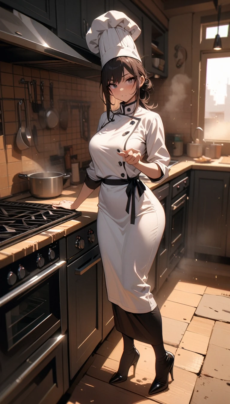 ((best quality)) , ((masterpiece)) , (detailed),1 female,((Sandstorm)),((kitchen)),Female chef,High heel,((whole body))
