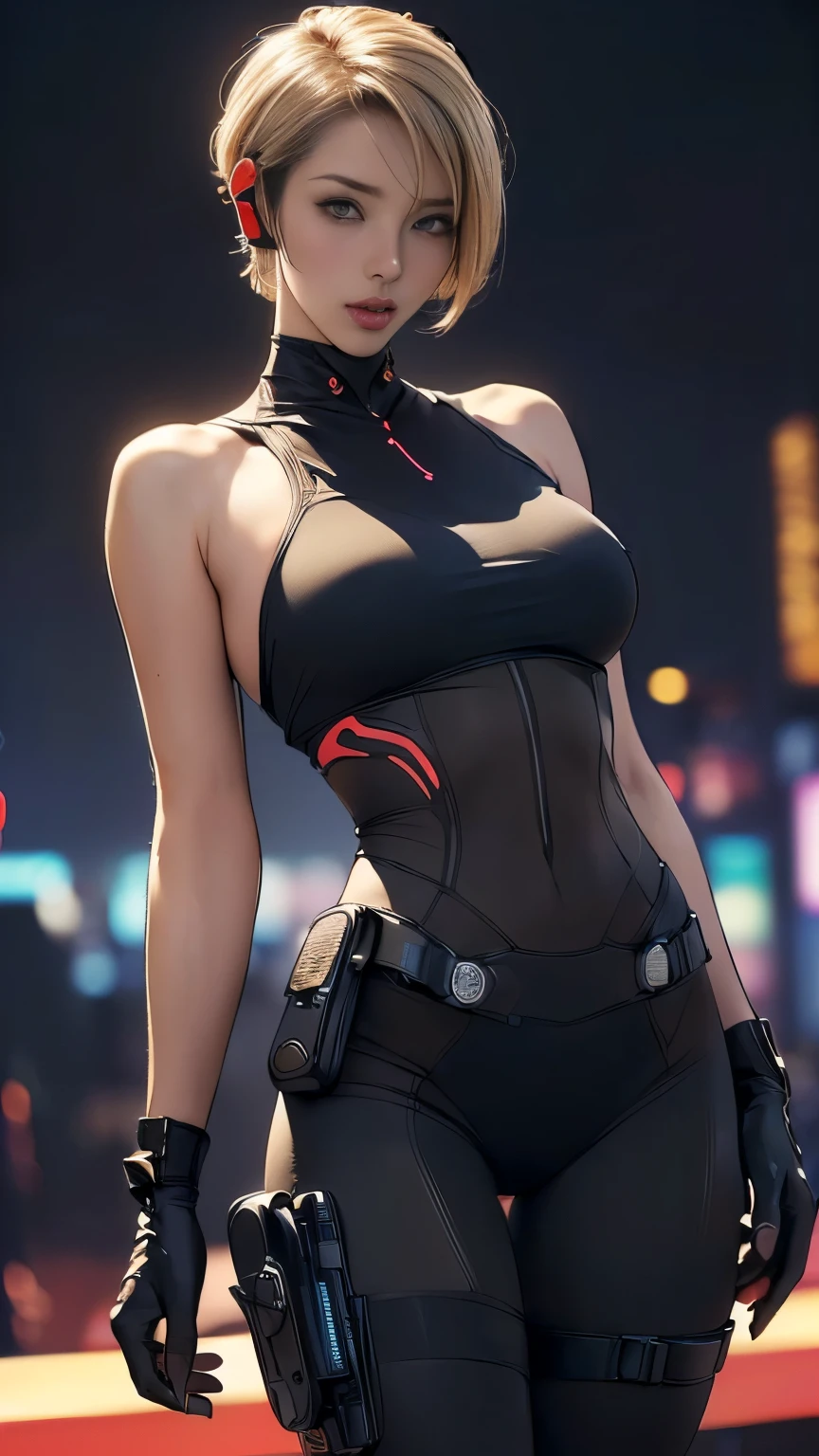 (A woman),(((A female special forces member stands))),((Red tactical tights:1.5)),((earphone:1.5)),((Tactical Holster:1.5)),(Gloves:1.5),(Serious:1.5),(Super short hair:1.5),(Blonde:1.5),(beautiful eyes:1.3),(Very detailedな顔:1.5),((Very detailedな女性の手の描画:1.5)),((muscular:1.5)),(Sexy appearance:1.5),((Thick thighs:1.5)),(Beautiful Body:1.5),((Very sensual:1.5)),(The backdrop is a futuristic city:1.5),(Cyberpunk atmosphere:1.5),(((Blurred Background:1.5))),(Written border depth:1.5),rest(((masterpiece:1.5),(best quality:1.5),(Very detailed:1.5),(high resolution:1.5),(Practical:1.5),(Practical:1.5),(Delicate depiction),(Carefully drawn))),8K,wallpaper