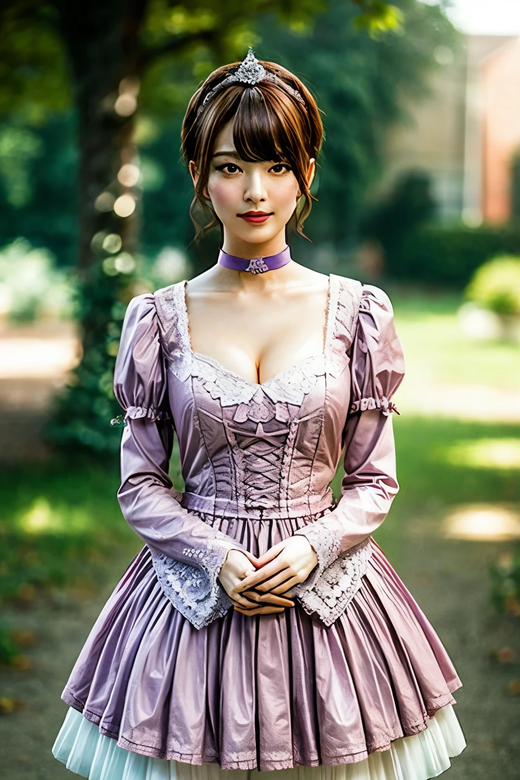 (nsfw:-2.0), (realistic, photo-realistic:1.4), (best quality,masterpiece:1.2), RAW photo, high resolution, intricate details, extremely detailed, realistic and sharp details, cinematic lighting, (portrait, bust shot, frontal photography), solo, 1girl, (doll-like appearance), (Victorian-style cosplay), (huge breasts, full breasts, cleavage), dark hair, (detailed face, detailed eyes, sophisticated nose), (pastel color clothes), bell-shaped skirt, petticoats, (sweetheart neckline), puffed sleeves, detailed lace, detailed embroidery, accessories and matching headpiece, choker, large sparkling jewelry, ankle strap pumps, photo background, outdoors, (city ruins, ruins, concrete), nature, garden, overgrown,,,[Nanami Hashimoto],[Nogizaka46 The Gosanke]