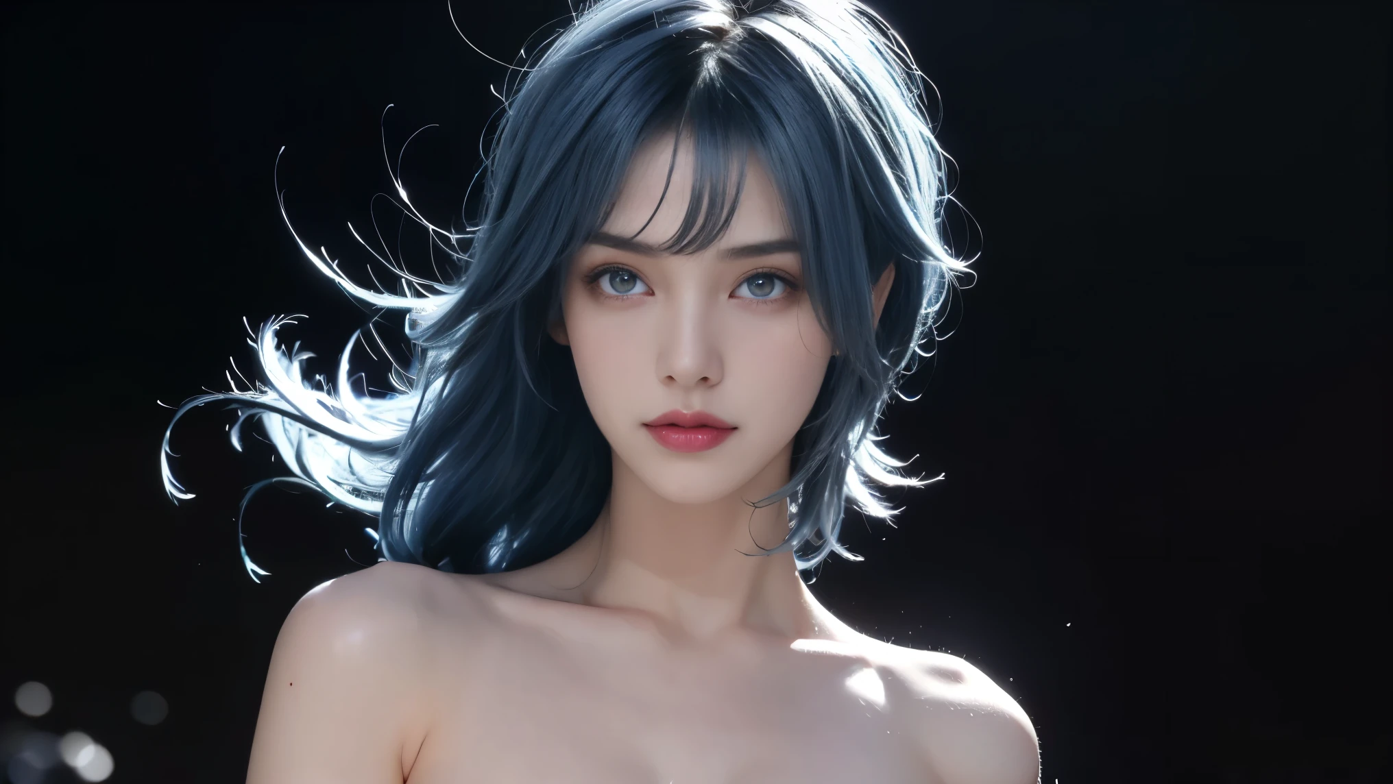 8K, Top Quality, Intricate Details, Ultra Detail, Ultra High Resolution, Masterpiece, close up shot, face shot,  (full body: 1.1), Slender, Smile, (Makeup: 0.4), ,(( blue hair, bangs, short hair, blue eyes, )), (Fluffy  Eyes: 1.21), (()), 1girl, solo, 1 girl, (()), close up shot, , ((tall)), (((fit body))), (((slim face))), sharp face, (( )) ,,  ))  ,(detailed face), sharp face, small lips, , ,((, )) ,, ,
 ((,no bra, braless )), , ((wind blow, strong wind, wind blow hair )), detailed face, detailed breast, large breast ,huge breast,  detail nipples ,, Narrow Waist, Skinny, tall , 190 cm tall, Muscular, Navel, Exposed Abdomen, Pointed Chest,, Beautiful girl with accentuated slender abs: 1.4, Six Pack Abs: 1.4, , Perfect Body, detail legs, (( dark background)), black background,