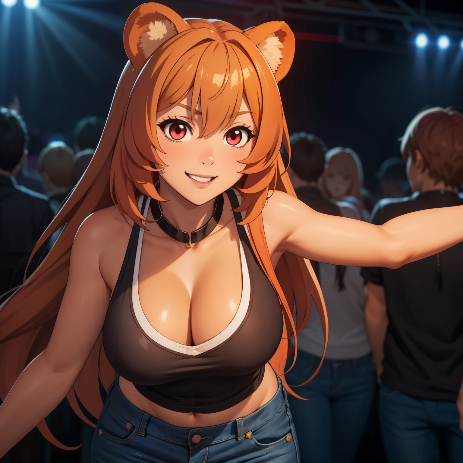 Raphtalia woman 35 years old floating straight orange hair , rounded bear ears, red eyes like ruby, big breasts, Dark skin, tanned skin, low-cut clothing, low cut black top, Tight jeans, fondo una nightclub. nightclub, smile.