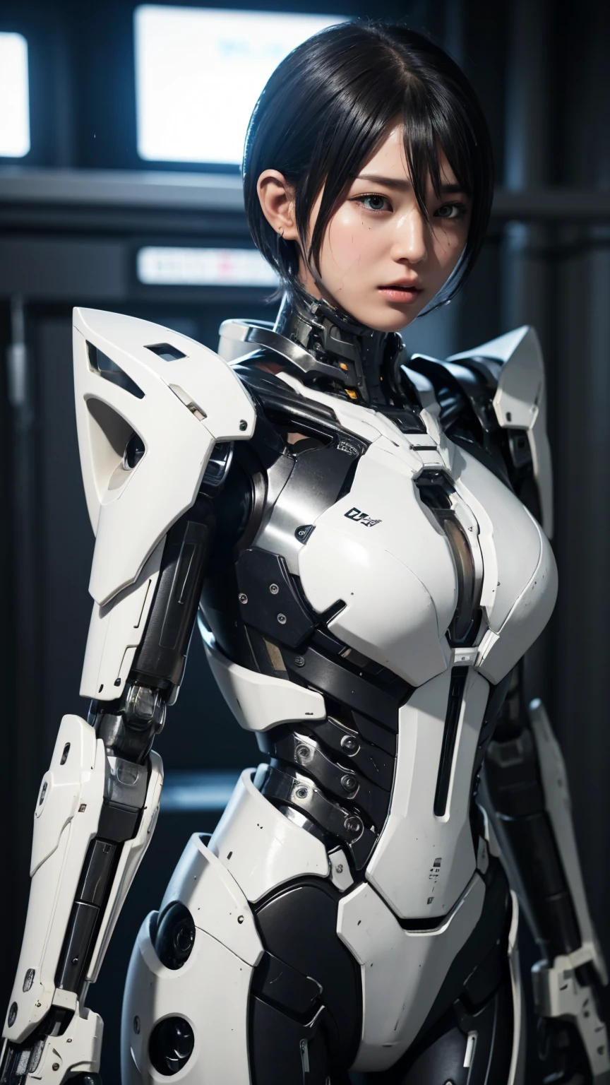 Textured skin, Very detailed, Attention to detail, high quality, 最high quality, High resolution, 1080P, hard disk, beautiful,(War Machine),beautifulサイボーグ女性,Mecha Cyborg Girl,BATTLE MODE,Girl with a mechanical body　Black Hair　Short Hair Boyish　　Sweaty and wet face　The change is over　Met Off　Steam coming from the head　Steam coming out of the whole body　Painful expression　Please open your mouth wide　Snug-fitting headgear　Black Inner Suit　Full body portrait　Rear View