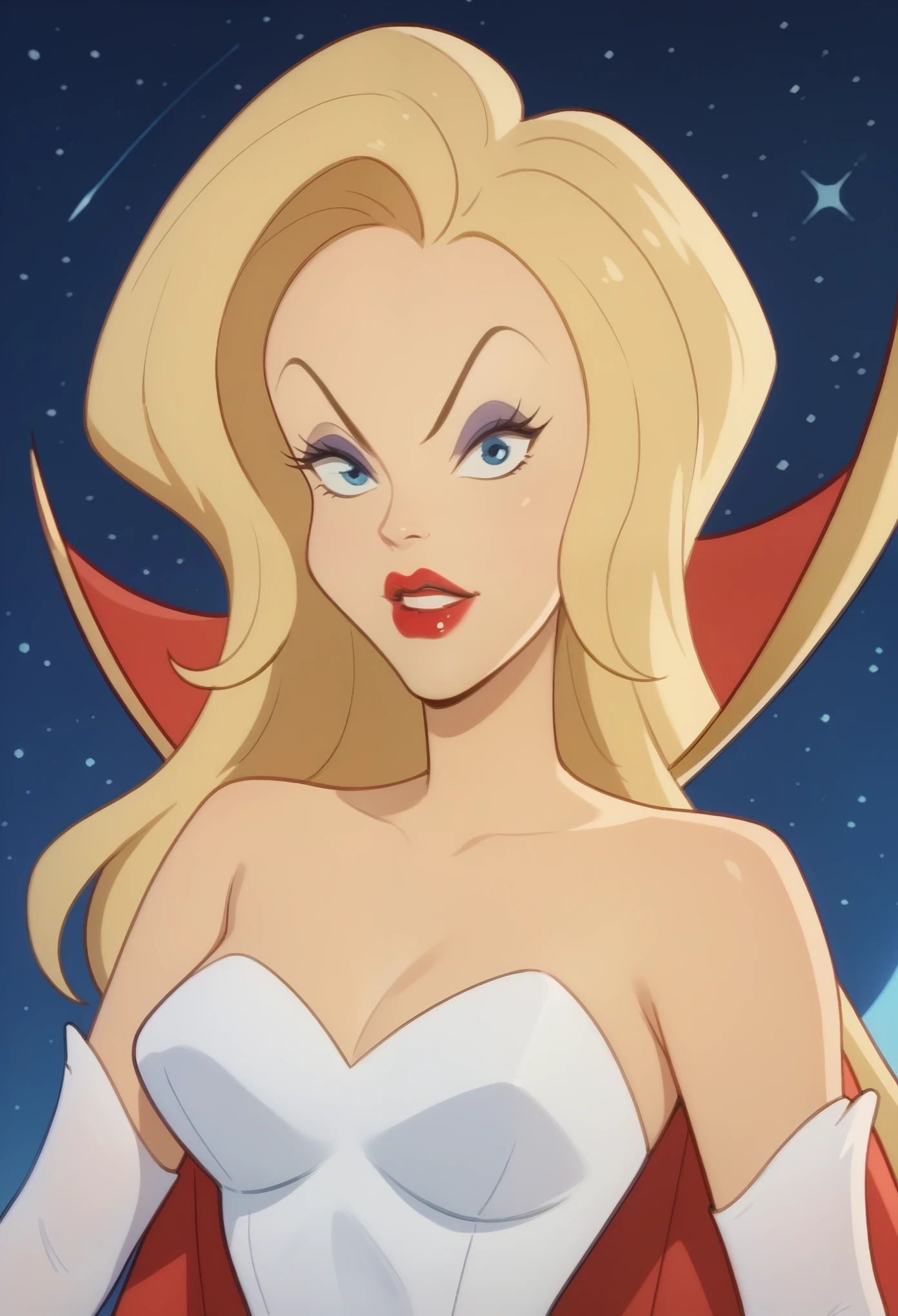 xdqueenx, long hair, blond hair, blue eyes, makeup, lipstick, white leotard, gold cape, white elbow gloves, upper body, portrait, space background,