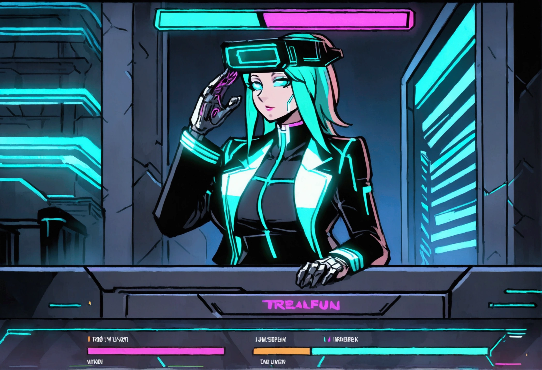 (cyberpunk, courthouse)A virtual lawyer (female, tron style, health bar over head) is addressing a virtual jury
