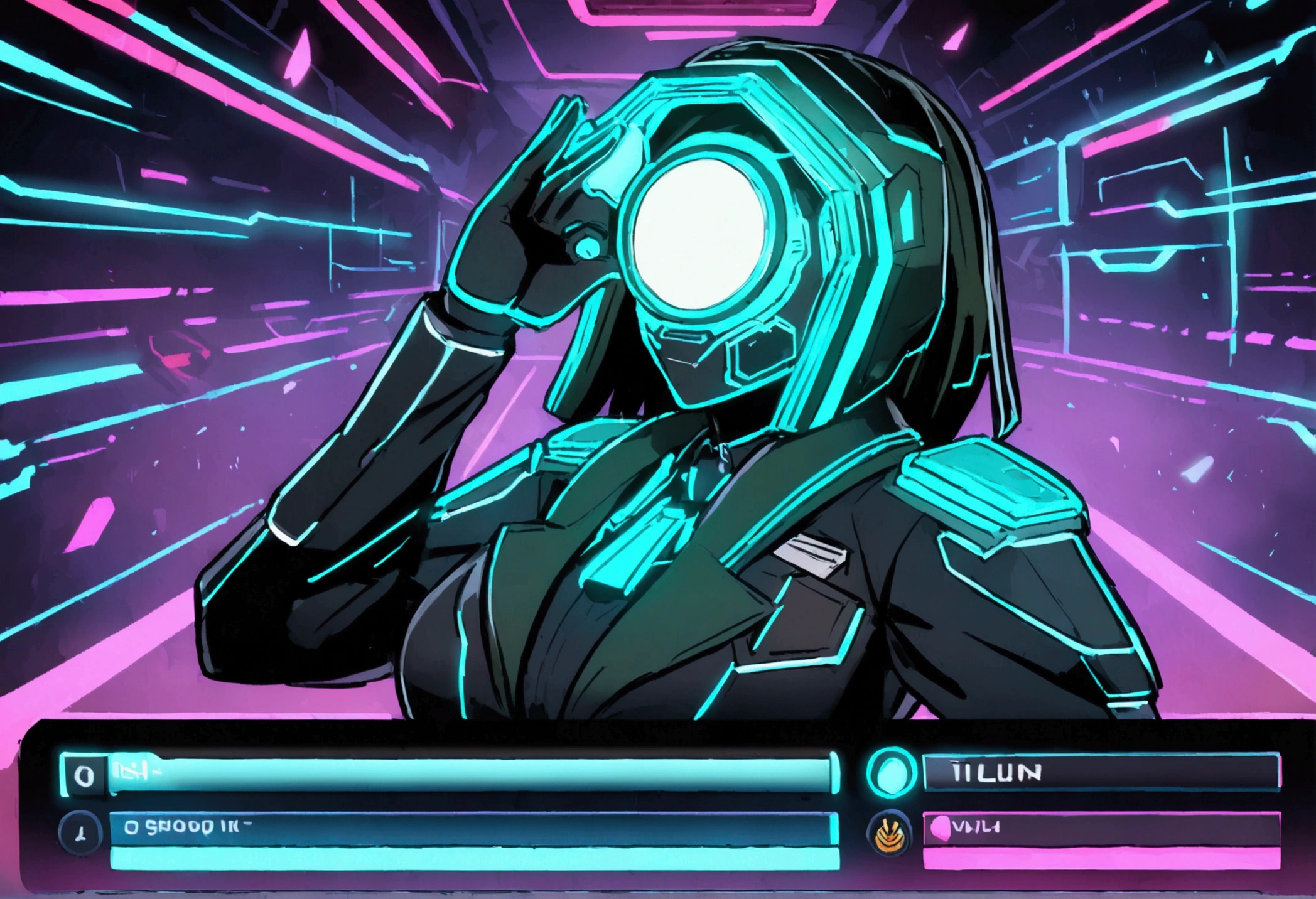 (cyberpunk, courthouse)A virtual lawyer (female, tron style, health bar over head) is addressing a virtual jury
