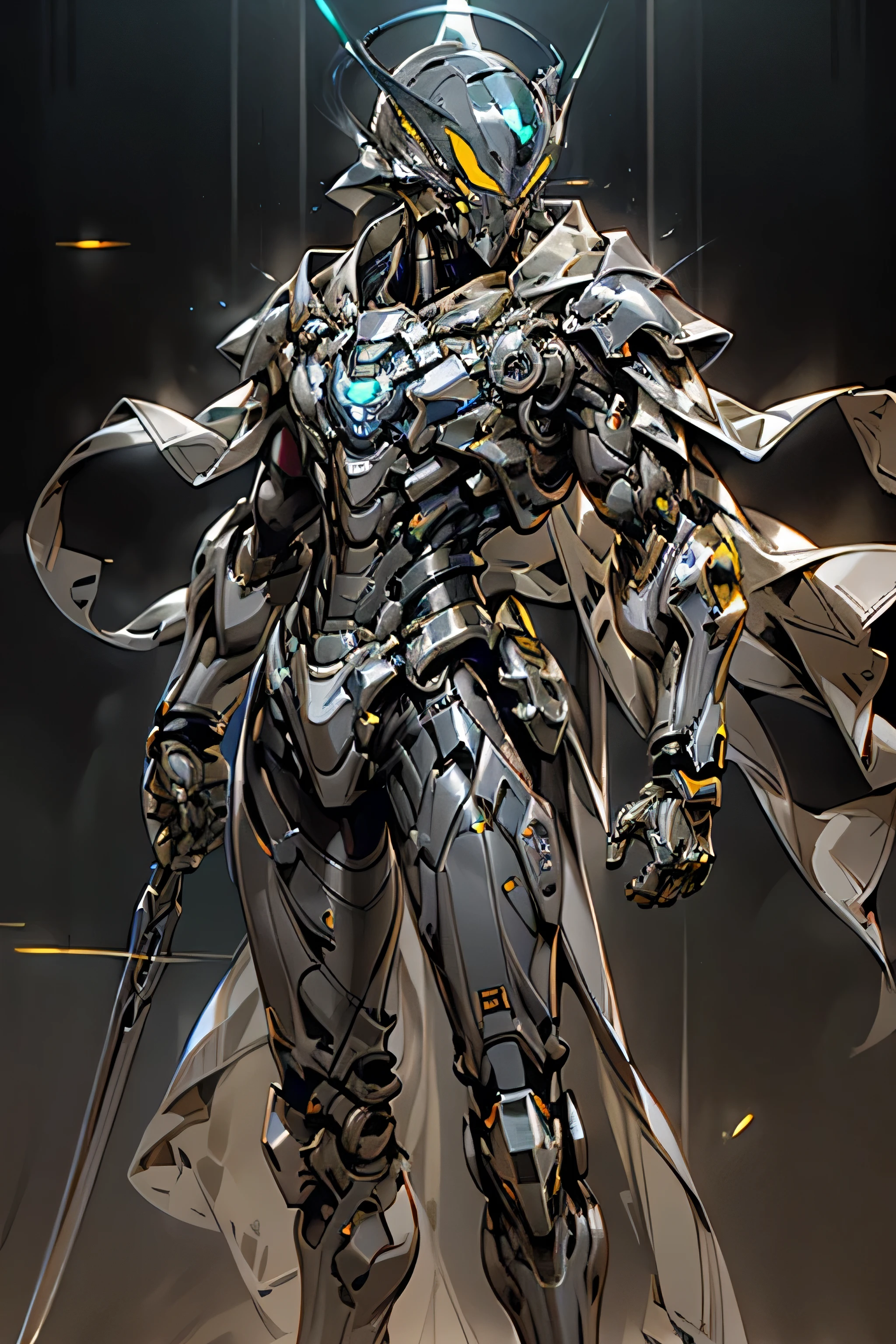 silver ghost hunter, Super cool ghost killer, Wearing black Mechanical Armor, Play with lightning, super detailed, actual, shining, reflective, bioluminescence, Galactic Cybernetic Mask, Mecha, (executioner: 1.2), Cloak, s4g0d, glowing runes_gold, whole body, Movie, dark background, backlight, high contrast,
