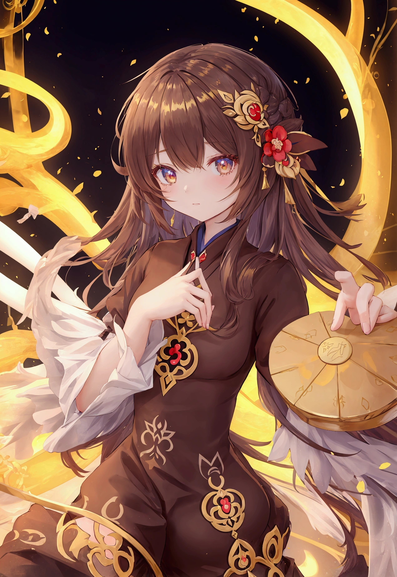 Anime girl in brown dress holding gold coins, 《Genshin Impact》Keqing, 《Genshin Impact》Zhongli, Inspired by Pu Hua, Cute anime girl in a beautiful skirt, guys, Gu Weiss, author：Yang J, Anime style 4k, palace ， Girl wearing Hanfu, Popular on cgstation, 8k high quality detailed art