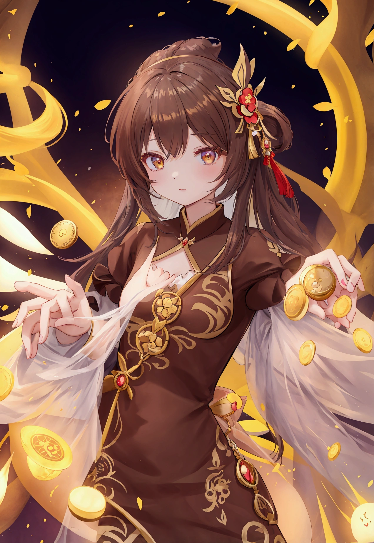 Anime girl in brown dress holding gold coins, 《Genshin Impact》Keqing, 《Genshin Impact》Zhongli, Inspired by Pu Hua, Cute anime girl in a beautiful skirt, guys, Gu Weiss, author：Yang J, Anime style 4k, palace ， Girl wearing Hanfu, Popular on cgstation, 8k high quality detailed art