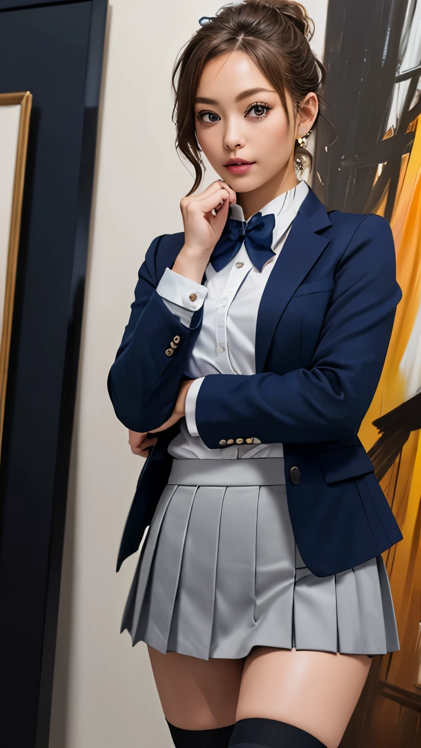 (hig彼st quality、8k、32K、masterpiece)、(Realistic)、(Realistic:1.2)、(High resolution)、Very detailed、Very beautiful face and eyes、1 girl、Delicate body、(hig彼st quality、Attention to detail、Rich skin detail)、(hig彼st quality、8k、Oil paints:1.2)、Very detailed、(Realistic、Realistic:1.37)、Bright colors、Full Body Shot, ((high school girl:1.6, Navy Blazer:1.6, Navy pleated mini skirt)), (Closed blazer, Grey bow tie, White collared shirt, Black thigh-high socks)