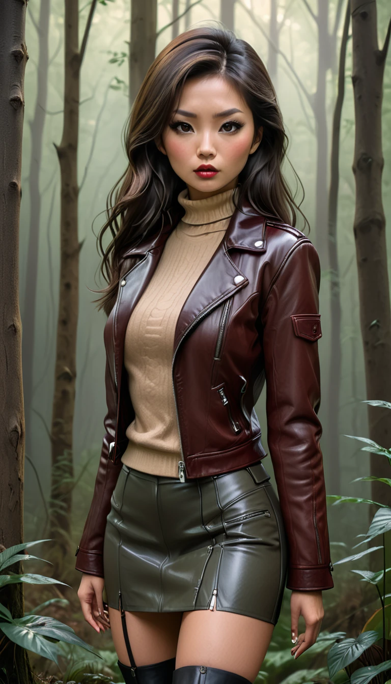  a woman, depraved expression, forest, long brunette hair, asian, over-knee stiletto boots, pencil skirt, leather jacket, beige turtleneck sweater, mature, (best quality,4k,8k,highres,masterpiece:1.2),ultra-detailed,(realistic,photorealistic,photo-realistic:1.37),dark moody lighting,dramatic shadows, vegetation, red,