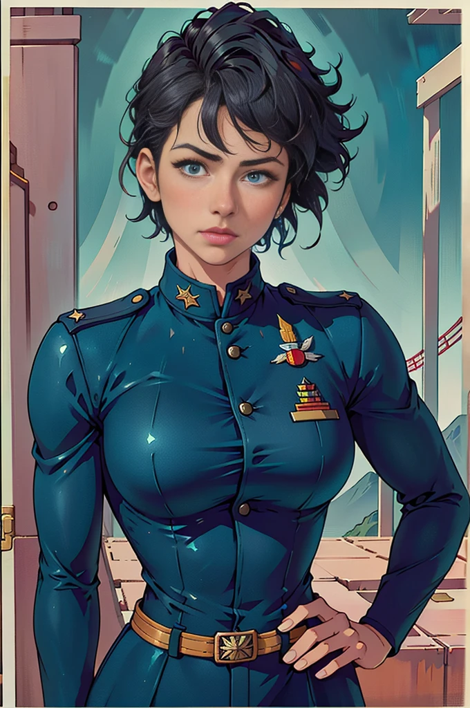 여성 soldier, glowing skin, better quality, illustration, (realistic:1.4) 여성 soldier, female officer, soldier, military uniform, perm hair, black hair, blue eyes, Short hair, 연녹색의 military uniform