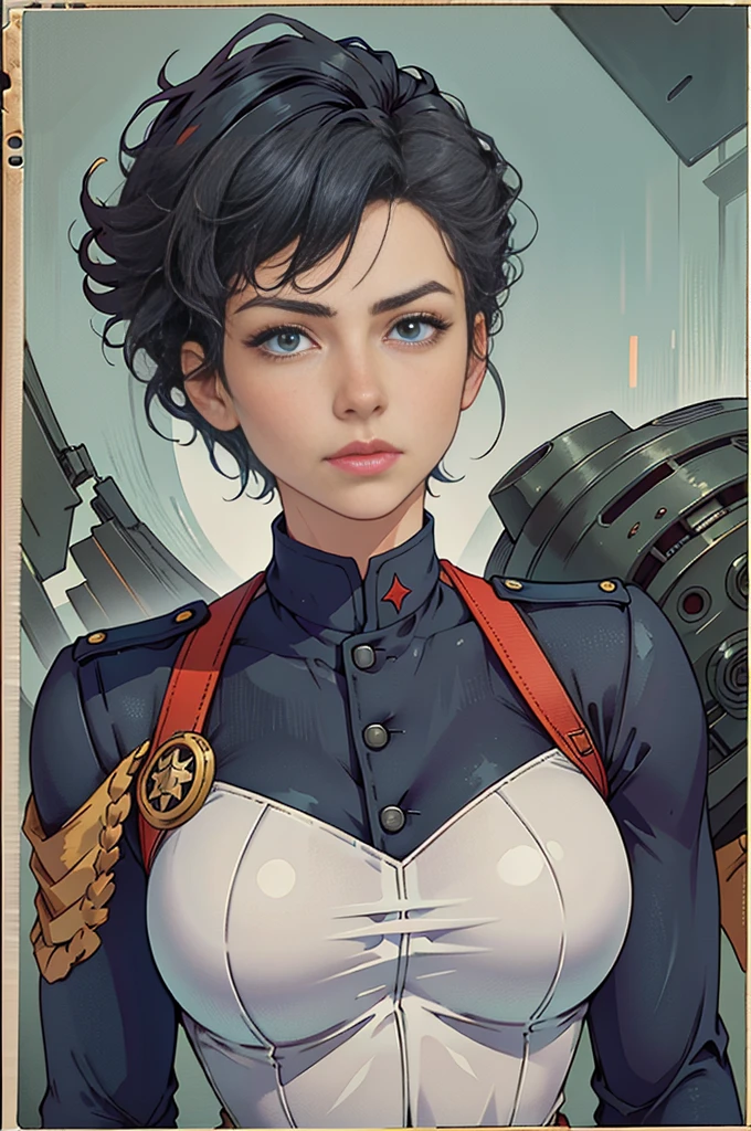 여성 soldier, glowing skin, better quality, illustration, (realistic:1.4) 여성 soldier, female officer, soldier, military uniform, perm hair, black hair, blue eyes, Short hair, 연녹색의 military uniform