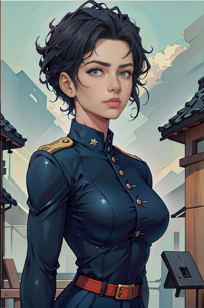 여성 soldier, glowing skin, better quality, illustration, (realistic:1.4) 여성 soldier, female officer, soldier, military uniform, perm hair, black hair, blue eyes, Short hair, 연녹색의 military uniform