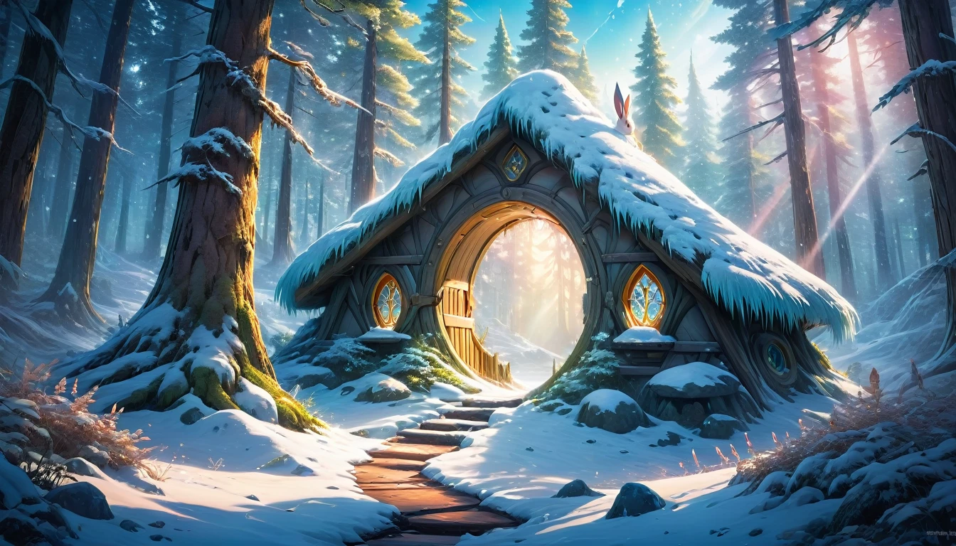 (anime, fantasy, rabbit hole), (best quality, highres, HDR:1.2), vibrant colors, warm atmosphere, snowy forest, snow flakes, ice crystal, ethereal beauty, otherworldly, general shot, ethereal light, fantastical forest landscapes