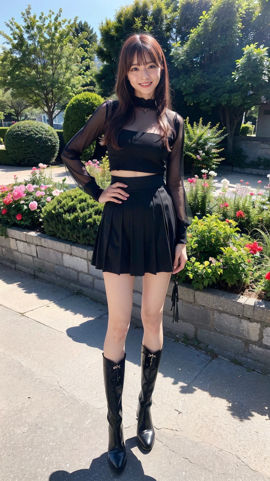 (8k、RAW Photos、Highest quality、masterpiece:1.2)、(Realistic、Realistic)、1 Girl、((Black dresini skirt、Frilledium Hair、smile、whole body、See-through、boots、garden、View from the front、Looking at the camera、Hands on your hips))、cute