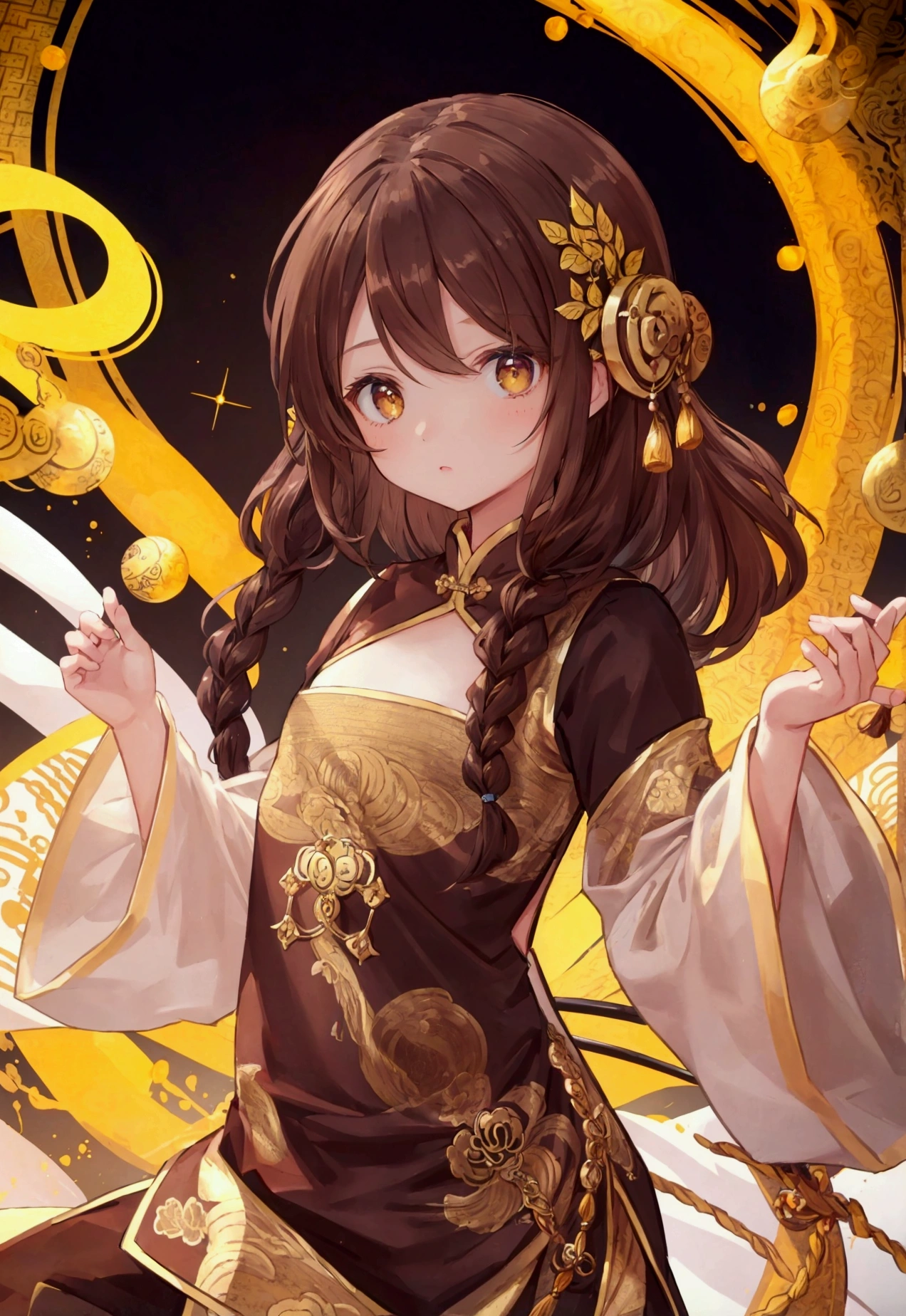 masterpiece, best quality,flat chest, cute eyes, twin braid, dark brown hair,yellow antiquity  chinese clothes