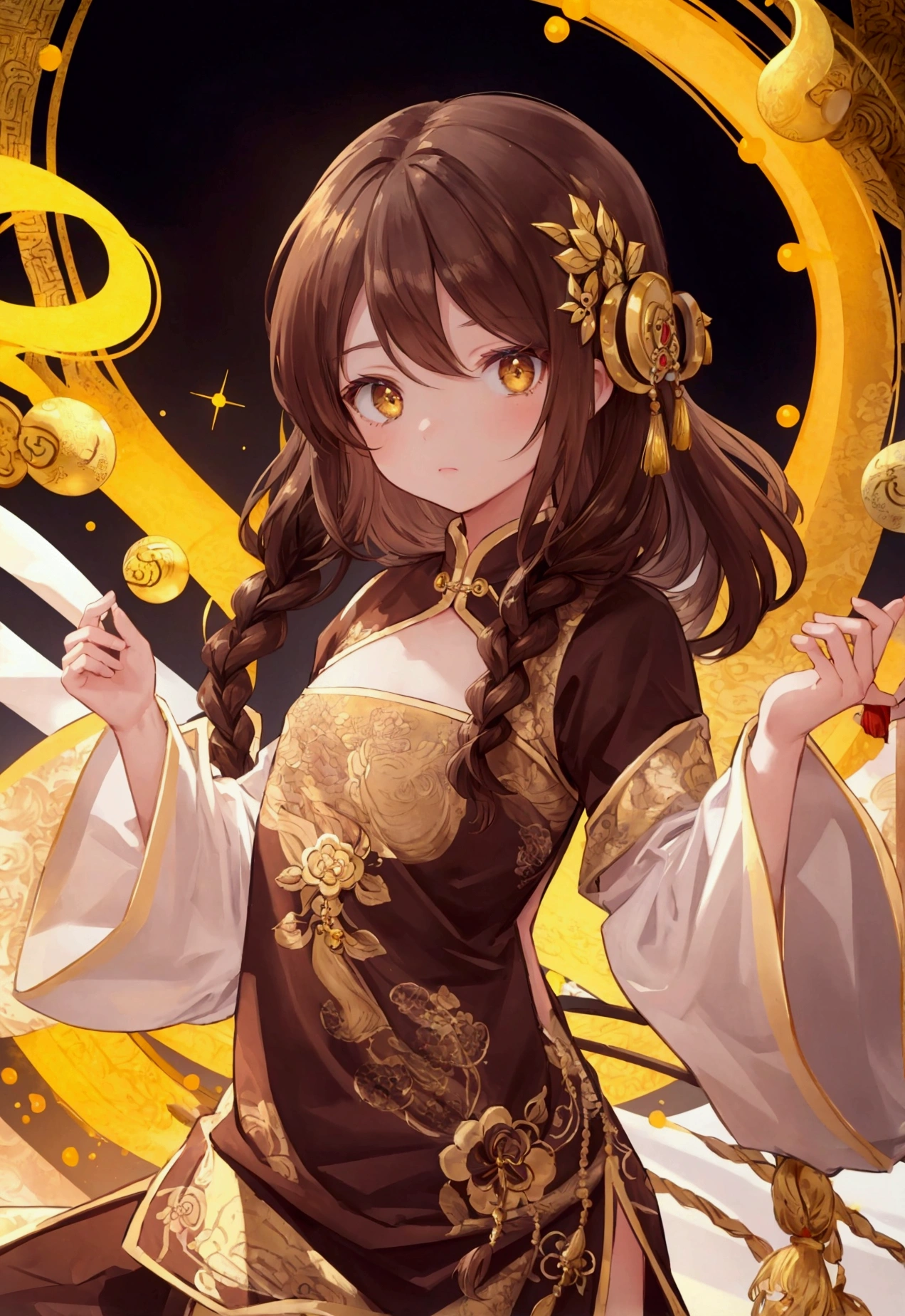 masterpiece, best quality,flat chest, cute eyes, twin braid, dark brown hair,yellow antiquity  chinese clothes