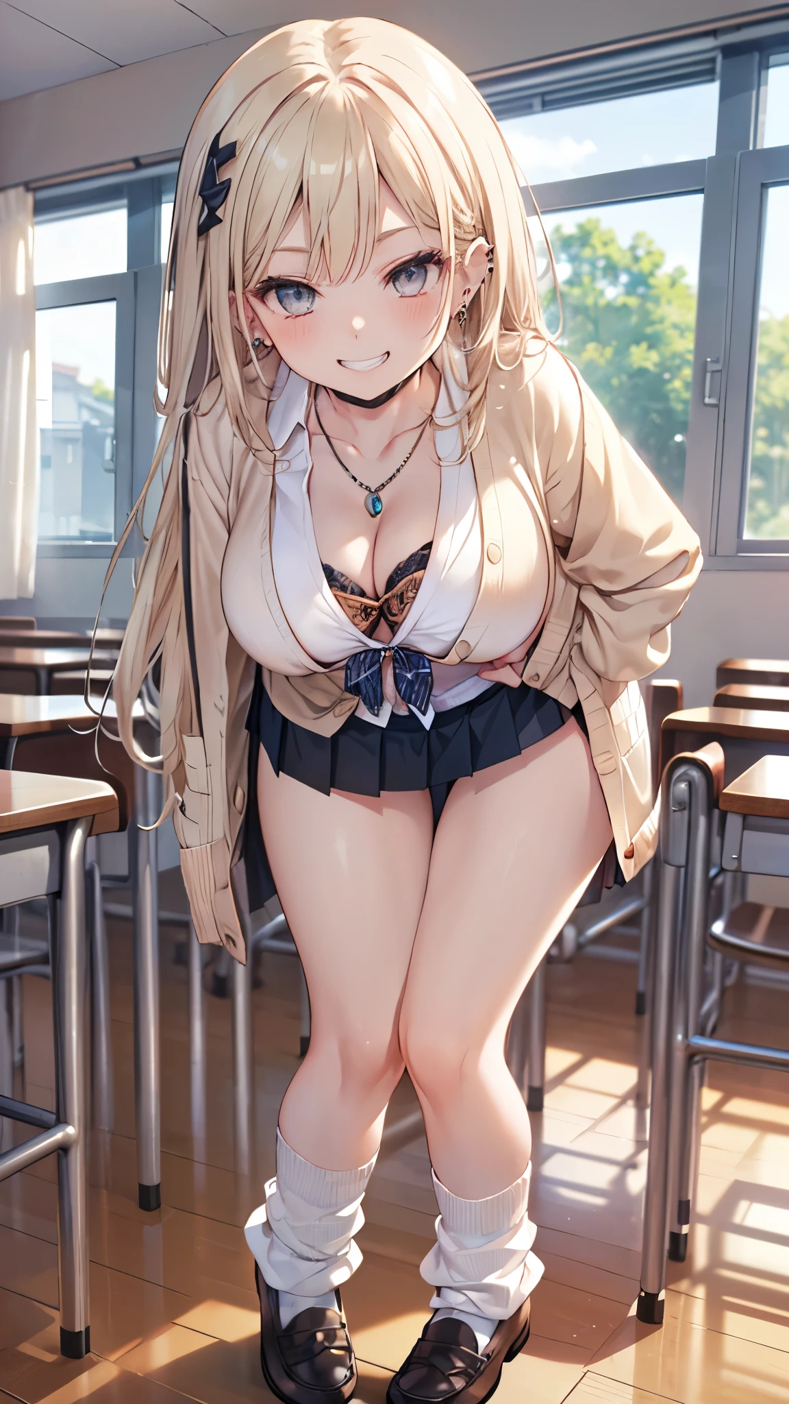 (masterpiece、Highest quality、Very detailed))、One girl、gyaru、Blonde、Long Hair、Grey Eyes、evil smile、((Grin))、((lots of piercing))、Large Breasts、((White collared shirt))、((necklace))、((cardigan))、((Black pleated skirt))、((micro miniskirt))、((white buggysocks))、loafers、((bent over))、Are standing、Classroom Background
