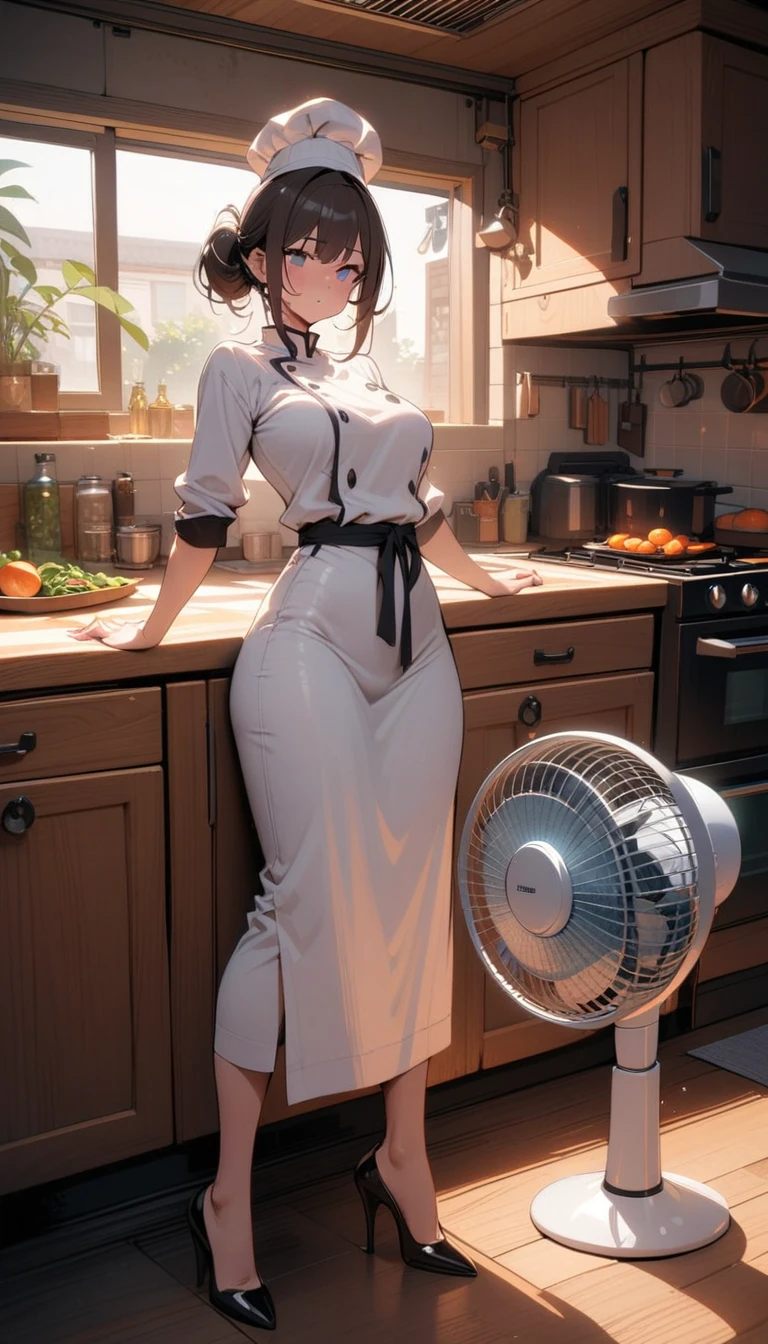 ((best quality)) , ((masterpiece)) , (detailed),1 female,((Giant electric fan)),((kitchen)),Female chef,High heel,((whole body))