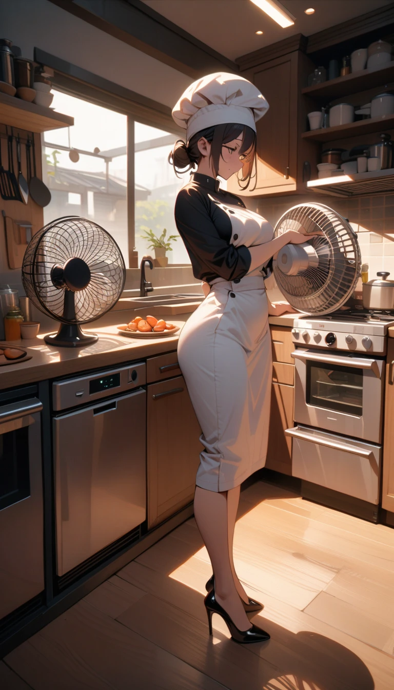 ((best quality)) , ((masterpiece)) , (detailed)，1 female，((Giant electric fan))，((kitchen))，Female chef，High heel，((whole body))