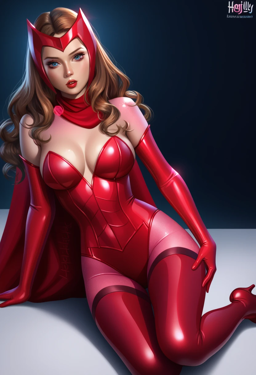 score_9_up, score_8_up, score_7_up, 1girl, solo, mature female, Scarlet Witch, brown hair, blue eyes, mascara, red lips, parted lips, fit slim body, perfect medium erected breast, (((red tight bodysuit, black mesh stockings, long red boots on high heels, red diadem on forehead))), (((higly detailed modern luxury bedroom))), looking at the viewer,