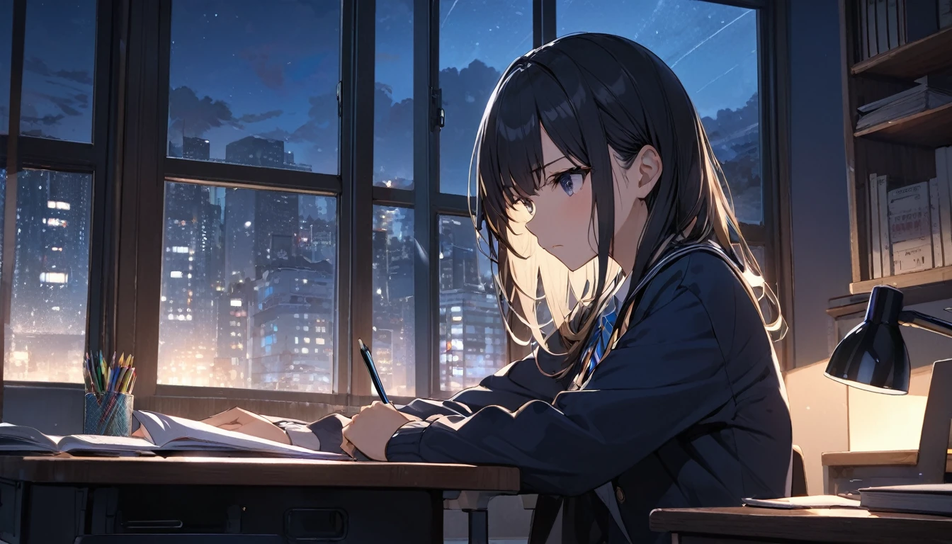 Highest quality,high school girl,study,Concentrated face,on the desk,Inside the room,Large windows,Night view